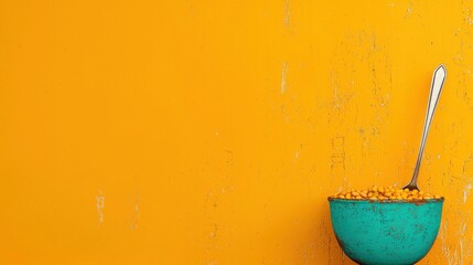 Teal Bowl of Beans with a Spoon on Bright Orange Background, Healthy Food Concept