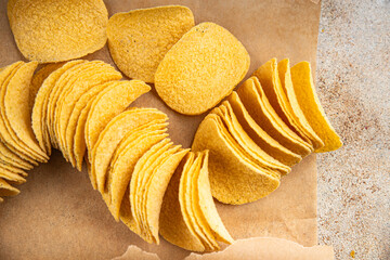 potato chips fast food fresh tasty food dish delicious gourmet food background on the table rustic...