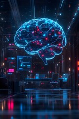 AI in Business Icon A glowing digital brain of interconnected circuits hovers over a futuristic workspace, symbolizing intelligence and innovation. Ideal for AI, future tech or digital transformation.