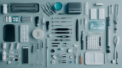 Medical Equipment and Supplies Arrangement on Gray Background