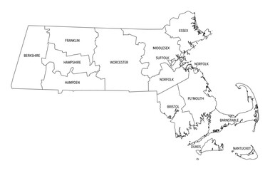 State of Massachusetts subdivided into 14 counties, outline map. Commonwealth of Massachusetts, a state in the New England region of Northeastern United States, nicknamed The Bay State. Vector