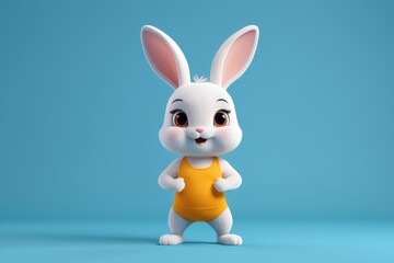 a close up of a cartoon bunny in a yellow bodysuit