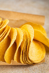 potato chips fast food fresh tasty food dish delicious gourmet food background on the table rustic food top view copy space