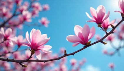 Pink magnolia blossoms against a vibrant blue sky , flora, bloom, fresh
