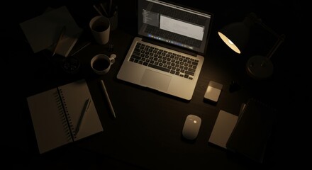 Top view of dark workspace with wireless device, office supplies and copy space