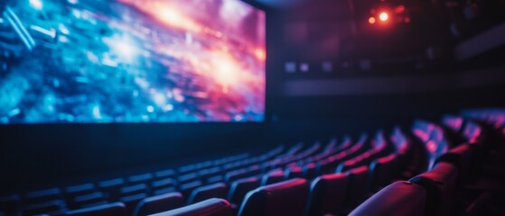 An empty cinema hall with rows of chairs faces a grand screen alive with color, promising storytelling and immersive experiences.