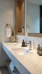 Polished surfaces, neatly arranged toiletries, sparkling glass, cleaning supplies, white