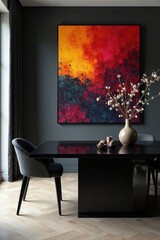 Polished black dining table, abstract art, ambient lighting, room, home, design