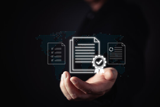 businessman presents a glowing digital certificate icon with a verification checkmark,symbolizing authenticity,transparency,and leadership.The futuristic interface highlight digital document security.
