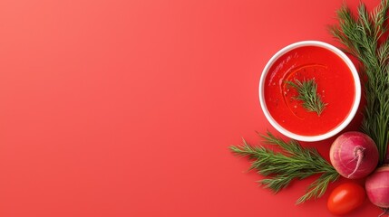 Vibrant Tomato Soup with Fresh Herbs and Red Onion on Red Background. Healthy food concept.