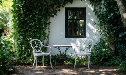 Two Metal Chairs and Table Set in a Lush Green Garden
