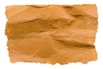 Orange bronze crumpled wrinkled torn piece of blank paper note cardboard with texture and copy space, close up transparent png background isolated cut out design element