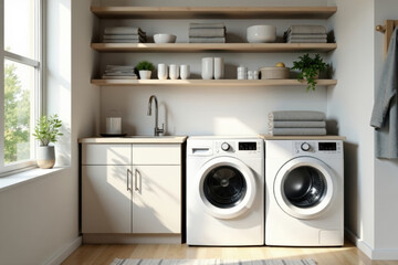 Sleek white washer, open shelving, laundry room, home, home decor, minimalist