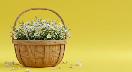 White flowers in wooden basket on yellow spring background 3D Rendering copy space
