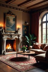Spacious living room with ornate fireplace, rich textures, warm, fireplace