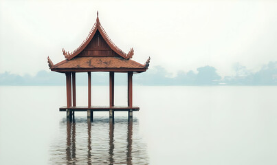 Serene Pavilion on Tranquil Water Surface Misty Surroundings