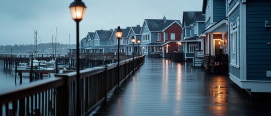Tranquil, misty boardwalk with lamplights casting warm glows on wooden houses, creating a serene coastal vibe.