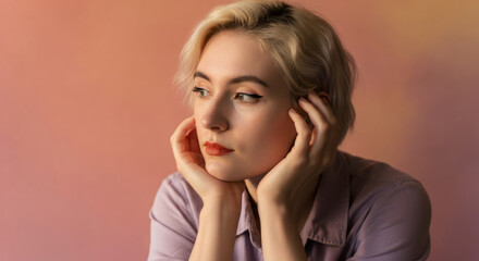 Fototapeta premium Thoughtful young caucasian female with short blonde hair against soft pink background