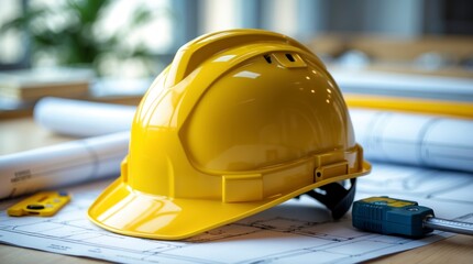 Yellow Hard Hat on Construction Blueprints