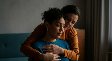 Obraz premium Two women embracing affectionate comfort in dimly lit room