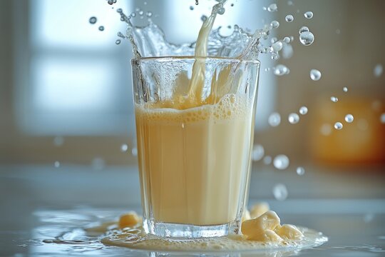Fresh milk pouring into glass creating splash