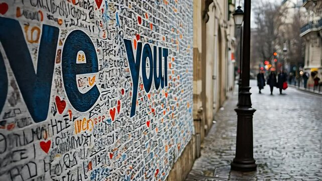 A vibrant stone wall covered in graffiti proclaiming love in many languages