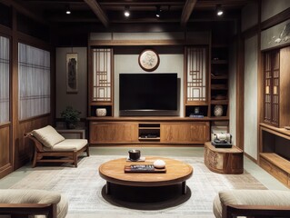 A well appointed modern living room with wooden furnishings