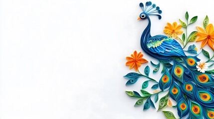 Obraz premium Creative Artistic Handmade Colorful Paper Quilled Peacock on White Background