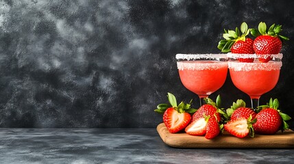 Strawberry margaritas on a wooden board, dark backdrop, perfect for beverage promotions