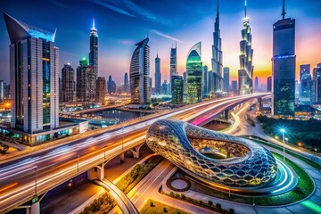 Fototapeta premium Futuristic Dubai Museum of the Future Night Photography: Cityscape, Highway Traffic