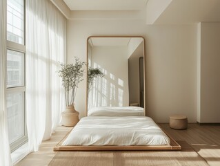A minimalistic bedroom features a large mirror and open window light