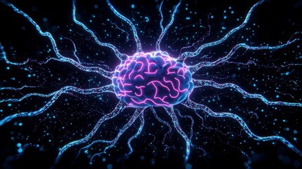 A vibrant digital representation of a brain, radiating colorful energy and neural connections in a dark space.