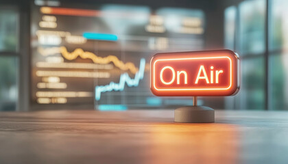 podcast studio concept, On air sign in modern podcast studio with financial graphs visible