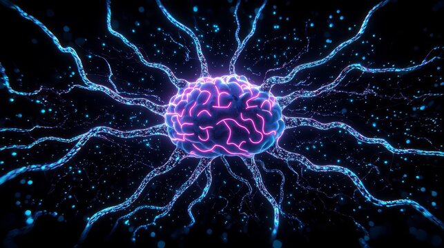 A vibrant digital representation of a brain, radiating colorful energy and neural connections in a dark space.