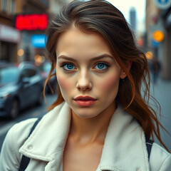 Young urban woman with blue eyes and a fair complexion poses for the camera.