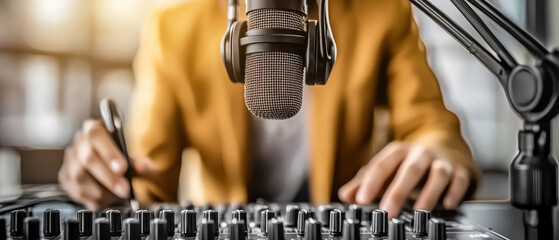 podcast studio concept, Podcaster adjusting audio mixer knobs while speaking into microphone