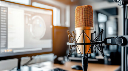 podcast studio concept, Cozy and stylish podcast studio with vintage microphone and computer