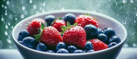 A bowl of fresh strawberries and blueberries glistens with water droplets, set against a blurred rain-dappled window, suggesting freshness and nature.