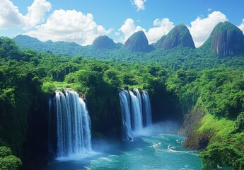 Fototapeta premium Majestic Waterfalls Surrounded by Lush Green Forests and Breathtaking Mountains Under a Clear Blue Sky in a Tropical Paradise