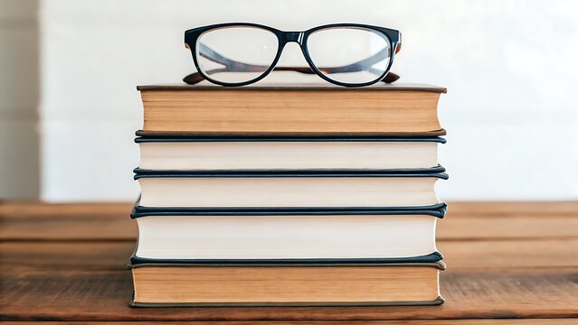 work-life balance routine focus concept, Stack of books with glasses on top, set against a wooden surface, symbolizing reading and knowledge.