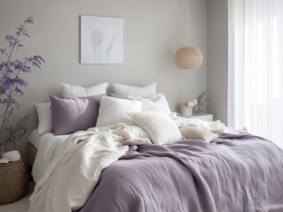 Comfortable bedroom interior featuring bedding decorations and light accents