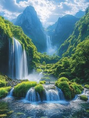 Fototapeta premium Majestic Waterfalls Surrounded by Lush Green Hills and Mountains Under a Bright Blue Sky with Gentle Clouds