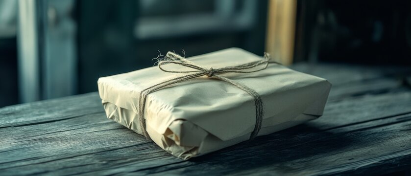 A neatly wrapped package tied with string sits on a wooden table, whispering secrets of old-school charm.