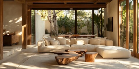 Fototapeta premium Modern living room showcasing natural light and outdoor garden view