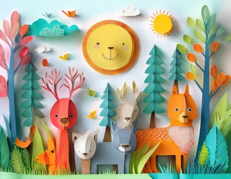 Colorido dibujo de dibujos animados con animales del bosque lindos y caras soleadas en un fondo ligero
