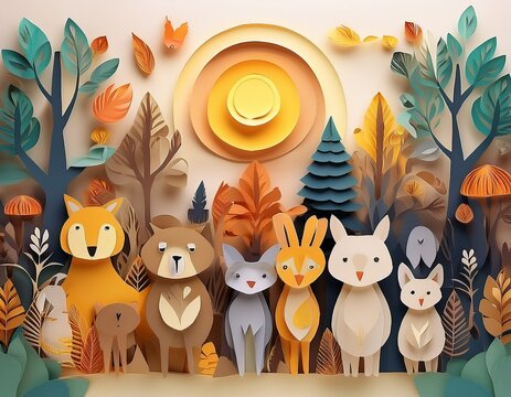 Colorido dibujo de dibujos animados con animales del bosque lindos y caras soleadas en un fondo ligero