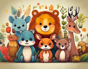 Naklejka premium Colorido dibujo de dibujos animados con animales del bosque lindos y caras soleadas en un fondo ligero