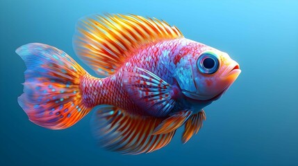 Fototapeta premium Vibrant Underwater: A close-up of a stunningly colorful fish, featuring intricate textures and bright hues, seemingly suspended against a soft, gradient blue background. 