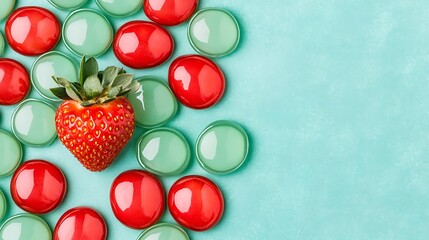 Strawberry on colorful glass, flat lay, turquoise backdrop, for decorative design or background use