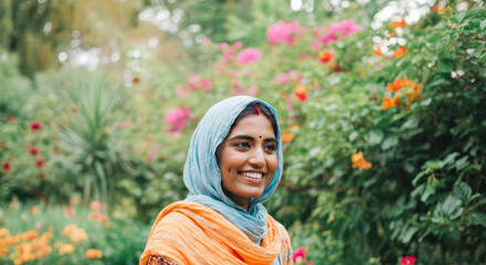 Smiling young asian female in vibrant garden with colorful flowers